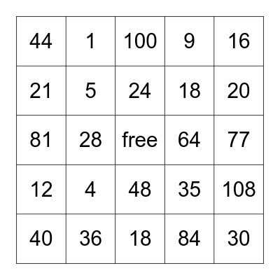 Multiplication Bingo Card