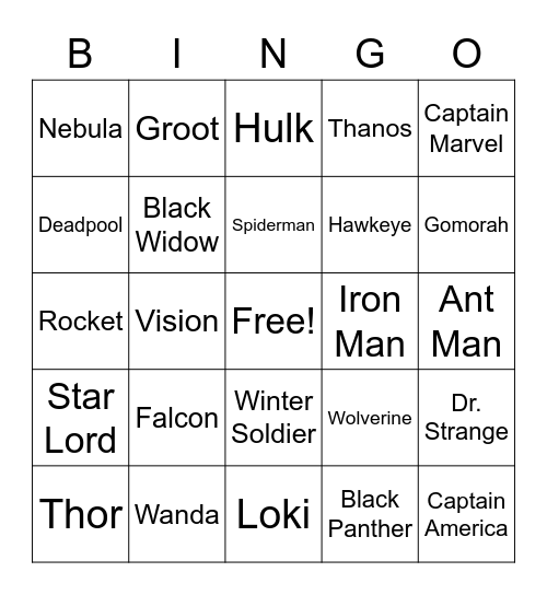 Marvel Bingo Card