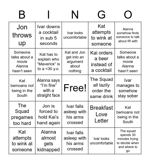 Idiot Squad Bingo Card