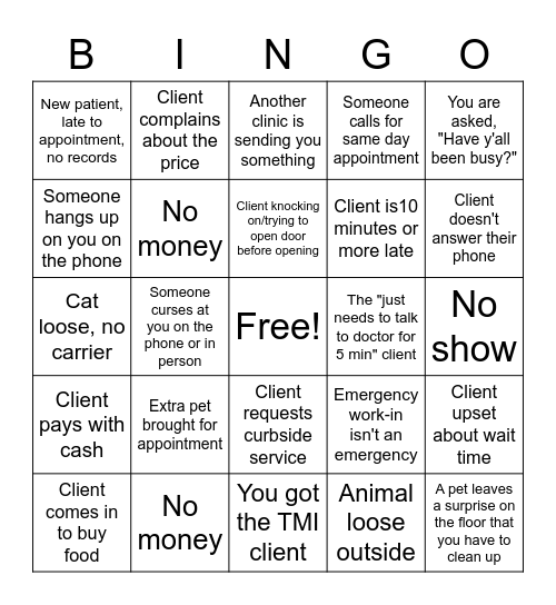 Veterinary Receptionist Bingo Card