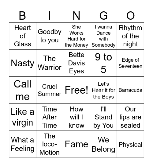 80's Ladies Bingo Card