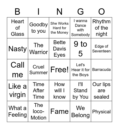 80's Women Bingo Card