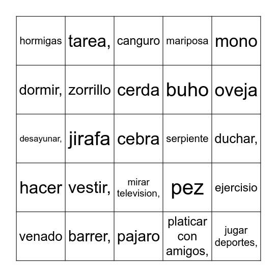 Rutina Diaria/Animales Bingo Card