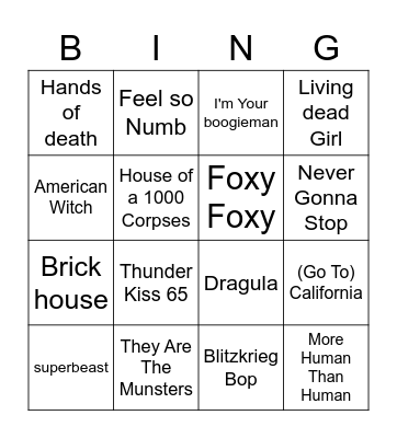 Rob Zombie Bingo Card