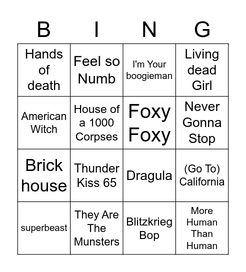 Rob Zombie Bingo Card