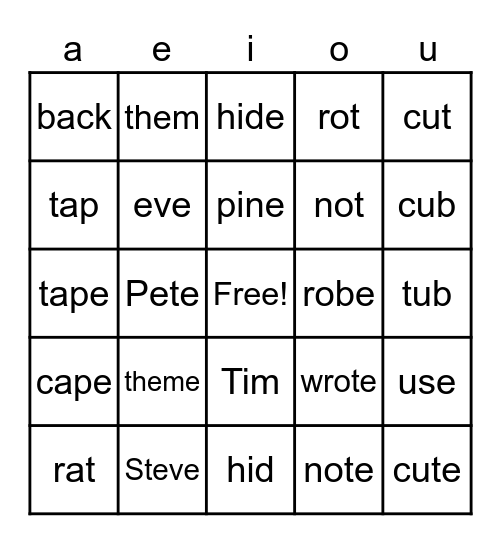 Vowel Bingo Card