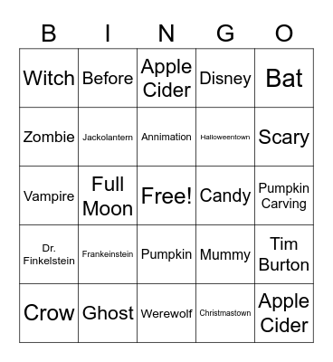 Nightmare Before Christmas Bingo Card