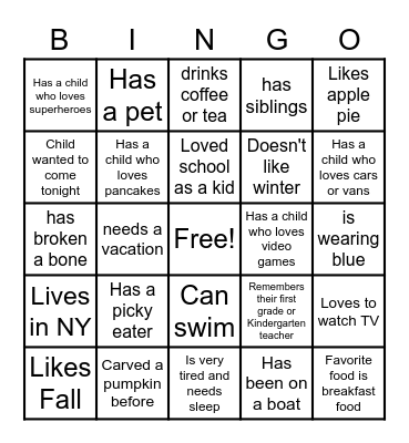Curriculum Night Bingo Card
