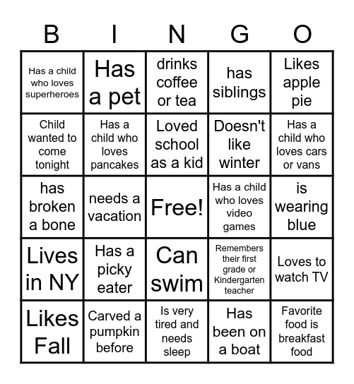 Curriculum Night Bingo Card