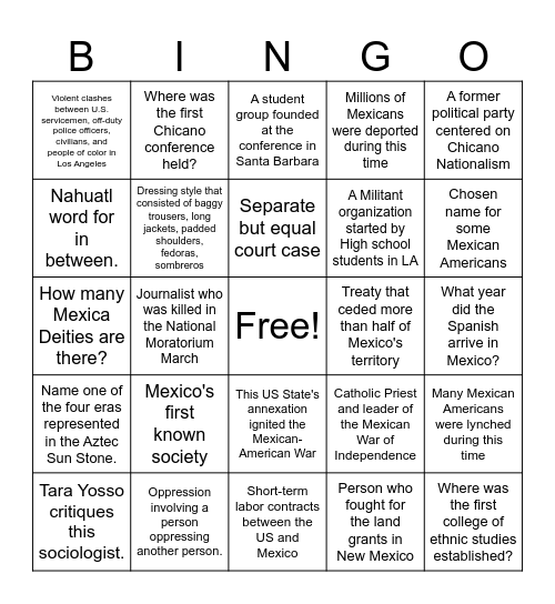 Chicano movement Bingo Card