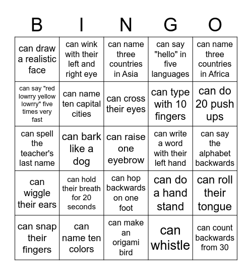 Ability bingo Card