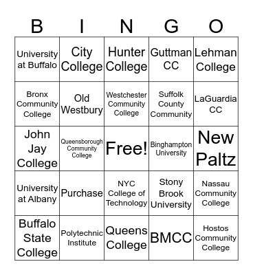 SUNY/CUNY Schools Bingo Card