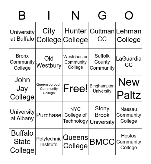 SUNY/CUNY Schools Bingo Card