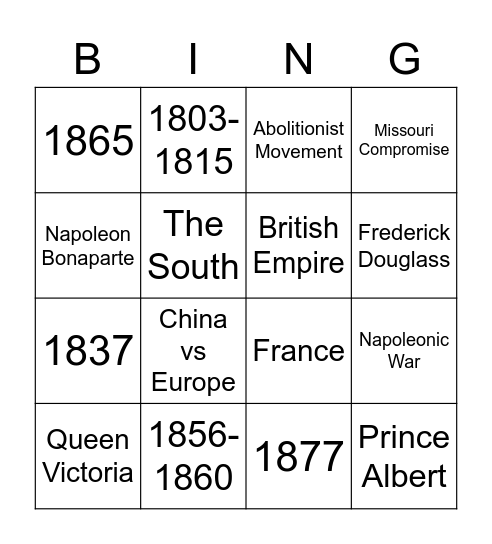1800s Events Bingo Card