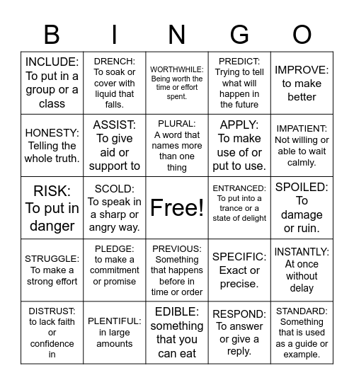 VOCABULARY Bingo Card