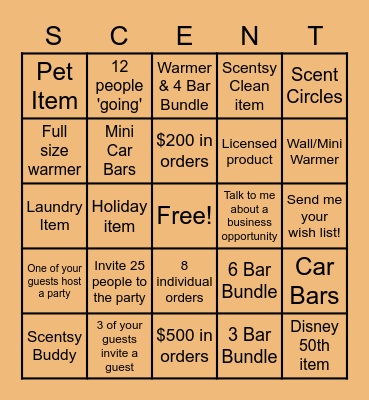 Scentsy Host Bingo Card