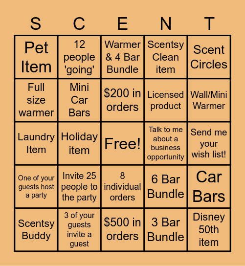 Scentsy Host Bingo Card