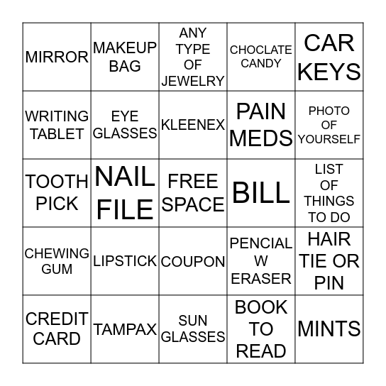 What's In Your Bag? Bingo Card