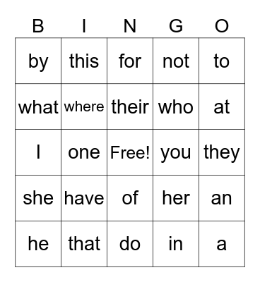 Vocabulary Bingo Card