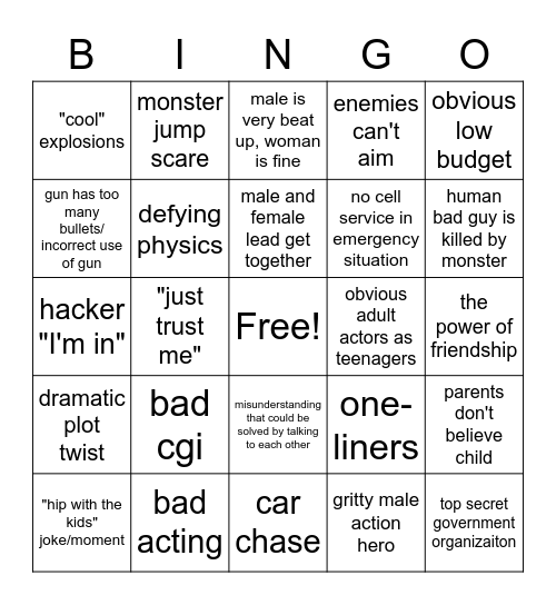 Bad Movie Bingo Card