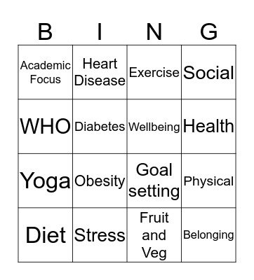 Healthy Active Lifestyle Bingo Card