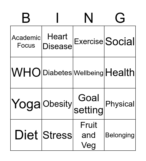 Healthy Active Lifestyle Bingo Card