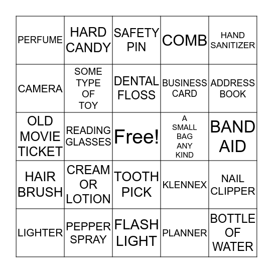 WHAT'S IN YOUR BAG/ Bingo Card