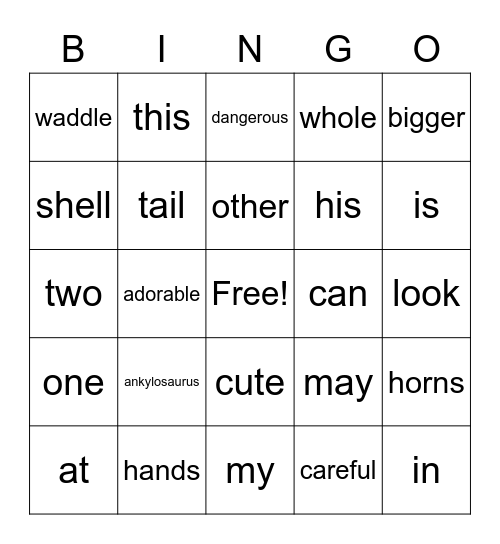 Ankylosaurus Song Bingo Card