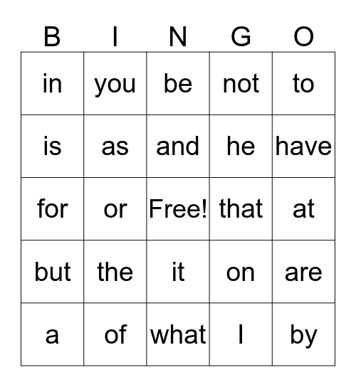 Kindergarten Instant Words (Group 1) Bingo Card