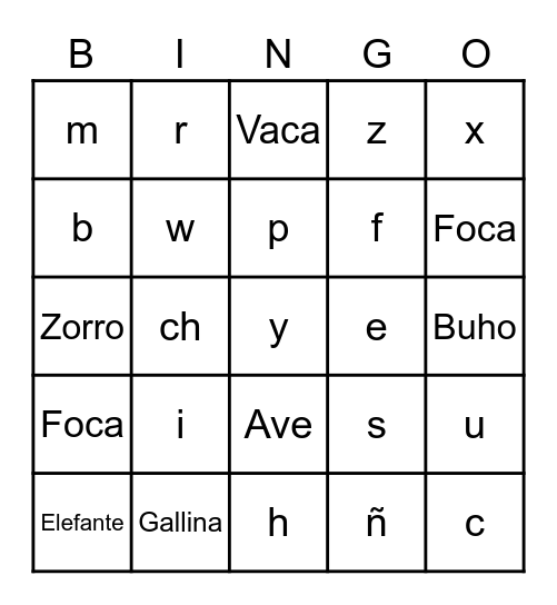 Spanish Alphabet Bingo Card