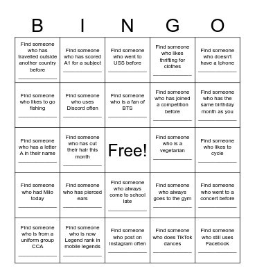 Find a Friend Bingo Card