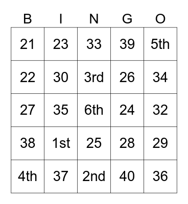 Ordinal Numbers and 21-40 Bingo Card