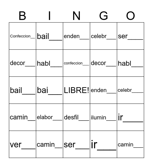 ImPerfect verbs  Bingo Card