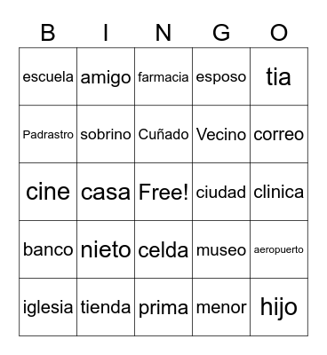 Spanish Family and Places Bingo Card