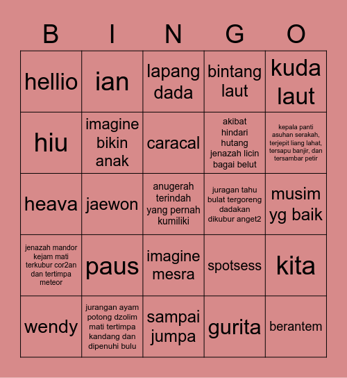 Bingo Wendy Bingo Card