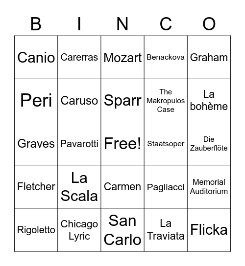 NC OPERA BINCO Bingo Card