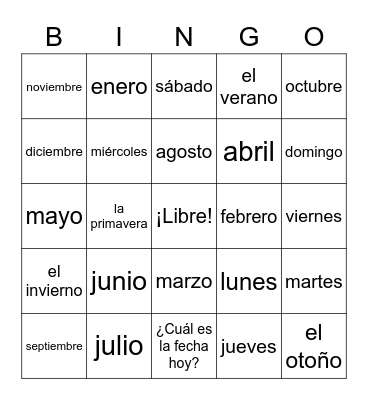 Months, Seasons, Dates Bingo Card