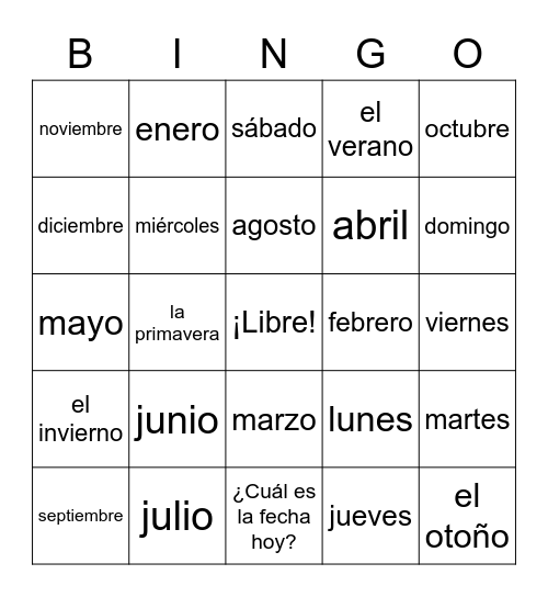 Months, Seasons, Dates Bingo Card