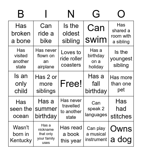 Getting to Know You Bingo Card