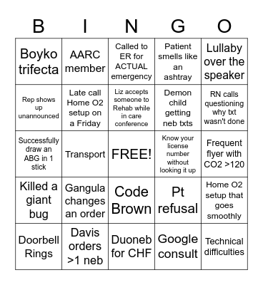 Respiratory Care Week Bingo Card