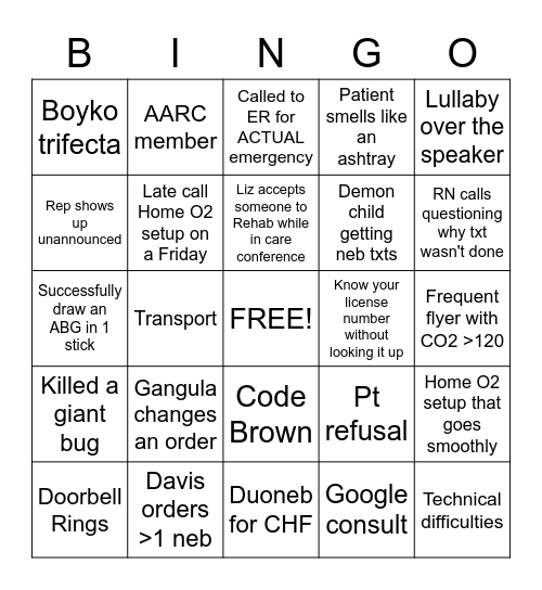 Respiratory Care Week Bingo Card