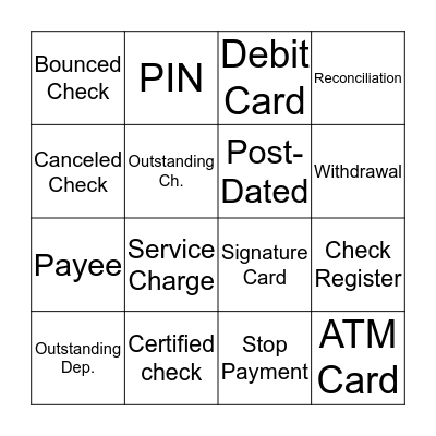 Banking & Checking Vocabulary Bingo Card