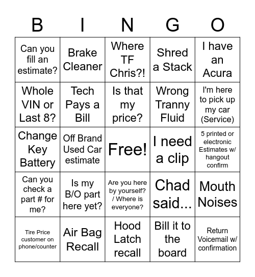 In - Are you here by yourself? / Where is everyone? / Out - You Busy? Bingo Card