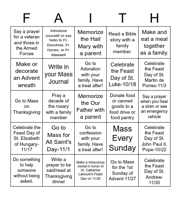 Growing in Faith Together: October and November Bingo Card