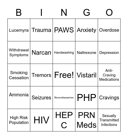 Substance Abuse Bingo Card