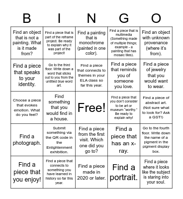 Harvard Art Museums Bingo Card