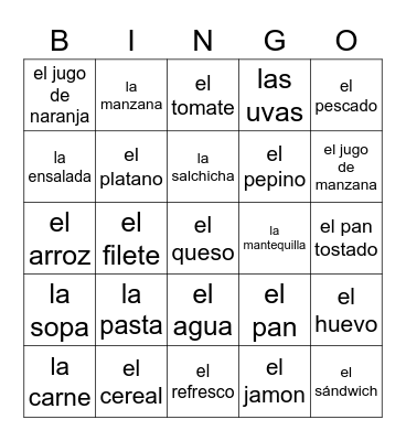 Sp1 - La Comida Bingo Card