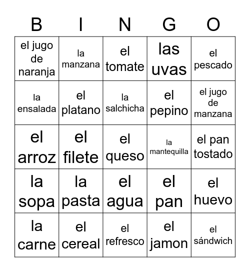 Sp1 - La Comida Bingo Card