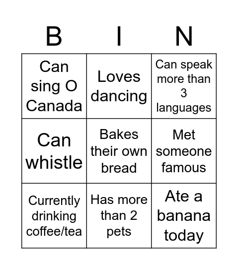 Team Building Bingo Card