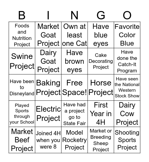 4H Bingo Card